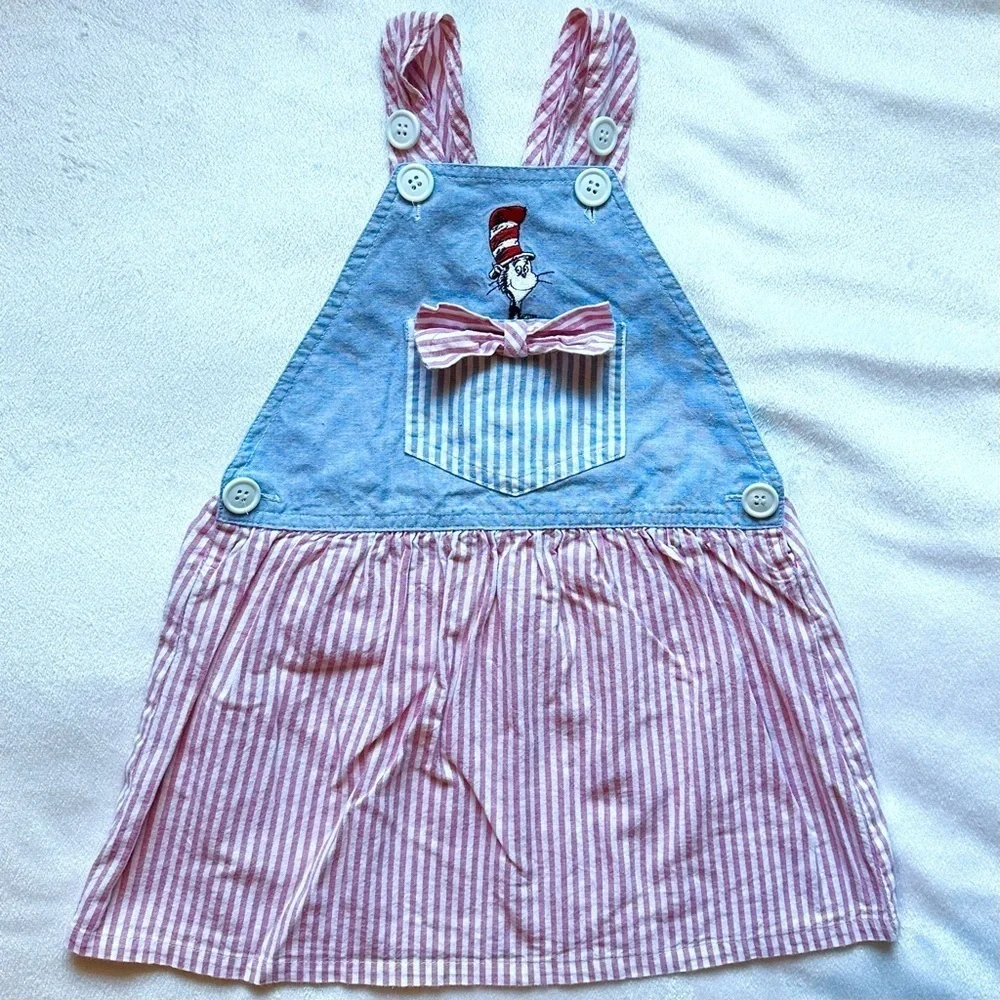Vintage 1994 Dr. Seuss Overall Dress Toddler Girls 2T RARE striped embroidered